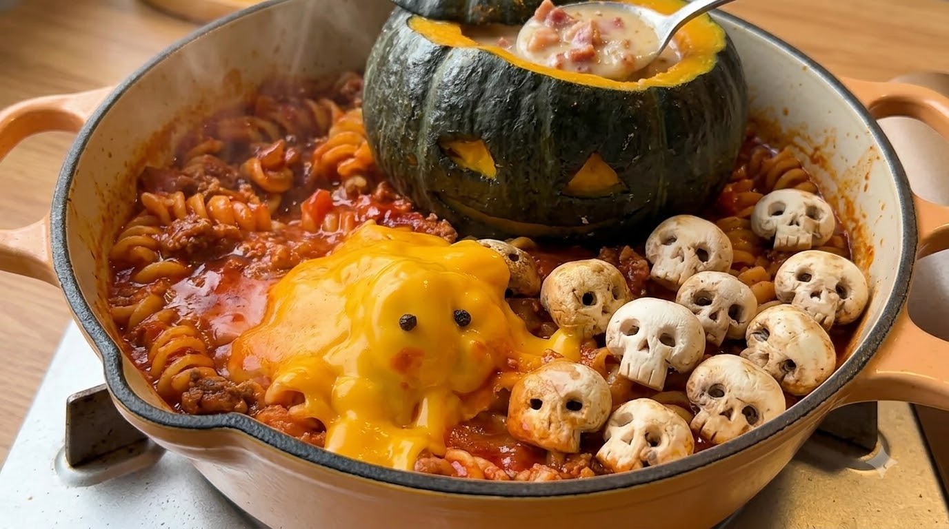 Gruselige Halloween Tomaten-Rinder-Pasta & Kürbis-Cremesuppe