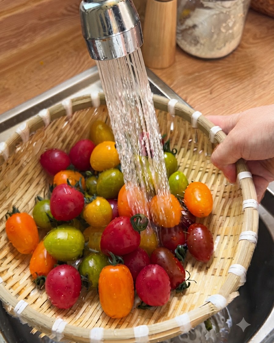 Ein Bambussieb gefüllt mit bunten Kirschtomaten wird unter einem laufenden Küchenwasserhahn abgespült.