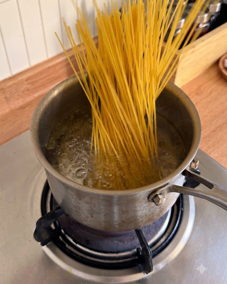 Trockene Spaghettinudeln werden in einen Topf mit sprudelnd kochendem Wasser gegeben.