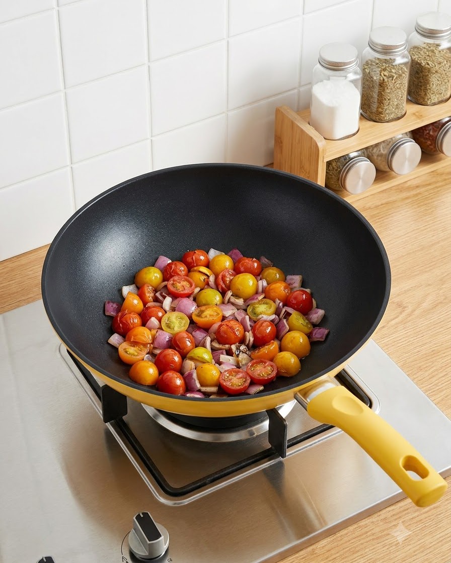 Halbierte Kirschtomaten werden aus einer weißen Schüssel in einen Wok mit angebratenen Zwiebeln geschüttet.