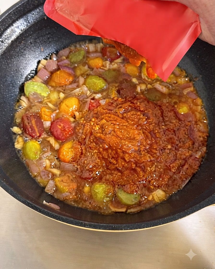 Rote Fleischsauce wird aus einer Packung in einen Wok gefüllt mit köchelndem Gemüse und Brühe gedrückt.