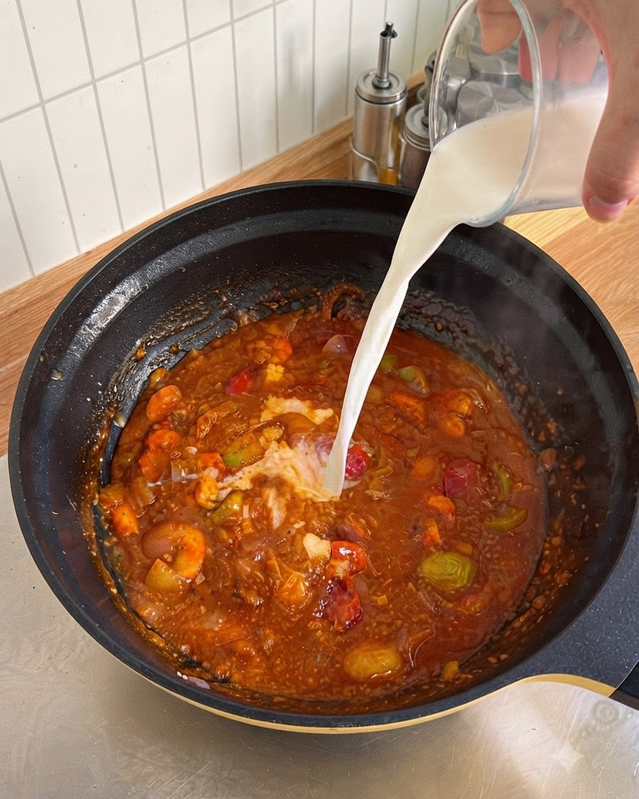 Milch wird aus einem Glasmessbecher in eine Pfanne mit köchelnder Tomaten-Gemüse-Sauce gegossen.