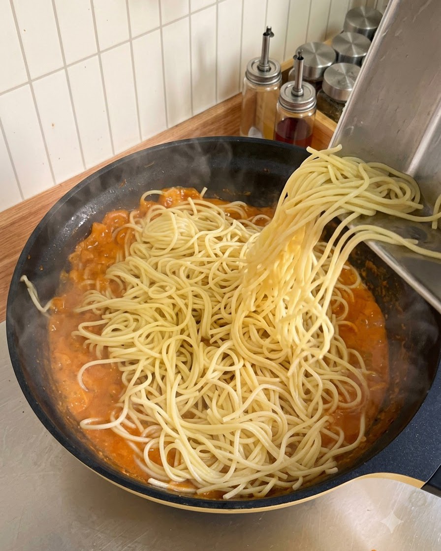 Gekochte Spaghettinudeln werden von einem Metalltablett in eine große Pfanne mit cremiger Tomatensauce geschoben.