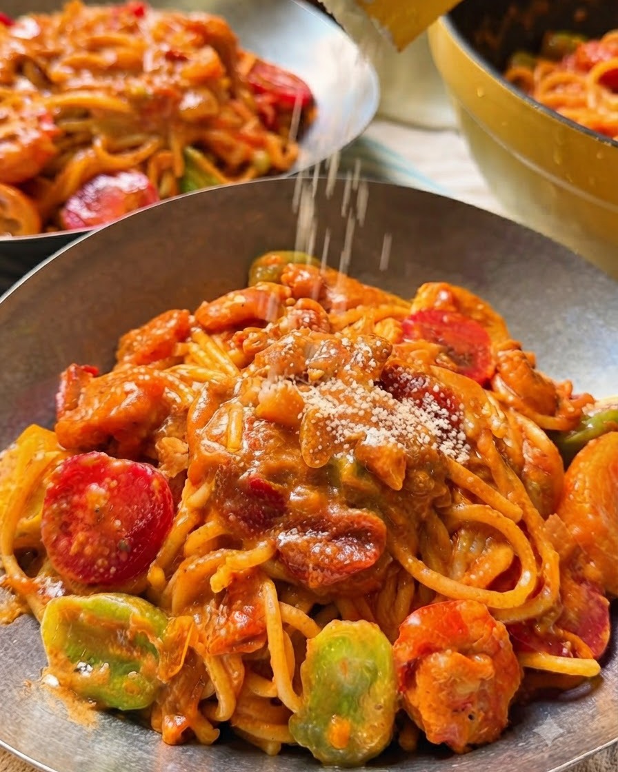Trockenes Käsepulver wird von oben auf eine Schüssel mit angerichteter cremiger Tomatenpasta gestreut.