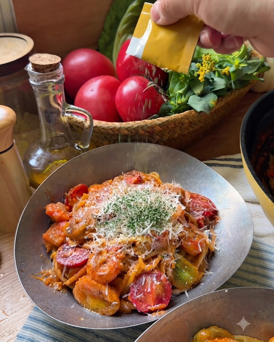 Eine kleine gelbe Packung wird über einer Schüssel Pasta gehalten und streut getrocknete grüne Petersilienflocken über den geschmolzenen Käse und die Tomaten.