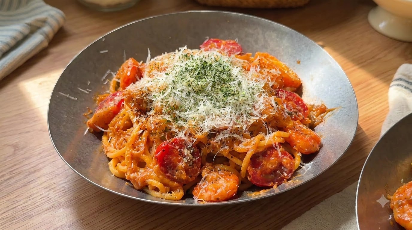 Zwei großzügige Teller cremige Tomaten-Garnelen-Pasta, garniert mit geriebenem Käse und getrockneter Petersilie.