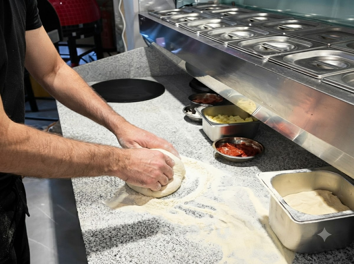Nahaufnahme von Händen, die eine Pizzateigkugel auf einer bemehlten Arbeitsfläche ausziehen.