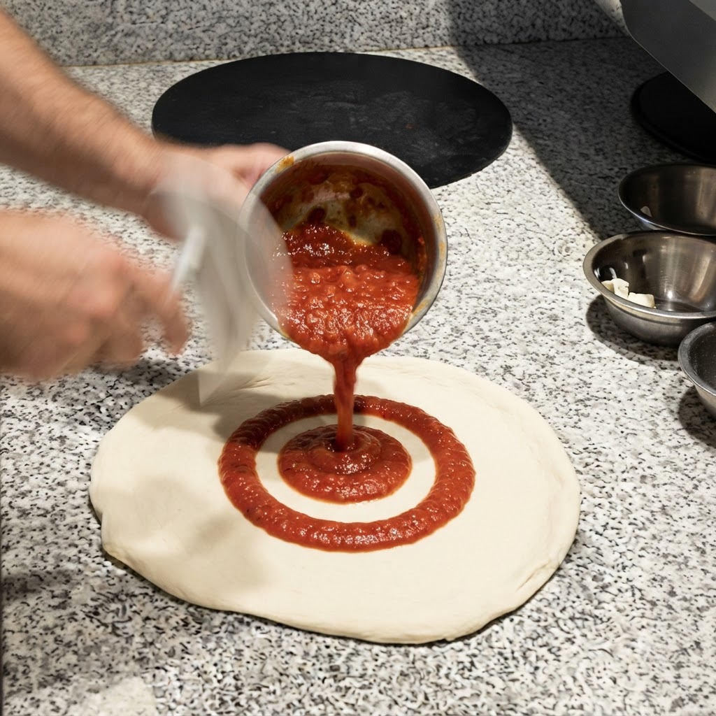 Getrocknete Tomatenstücke werden kreisförmig auf dem Pizzateig verteilt.