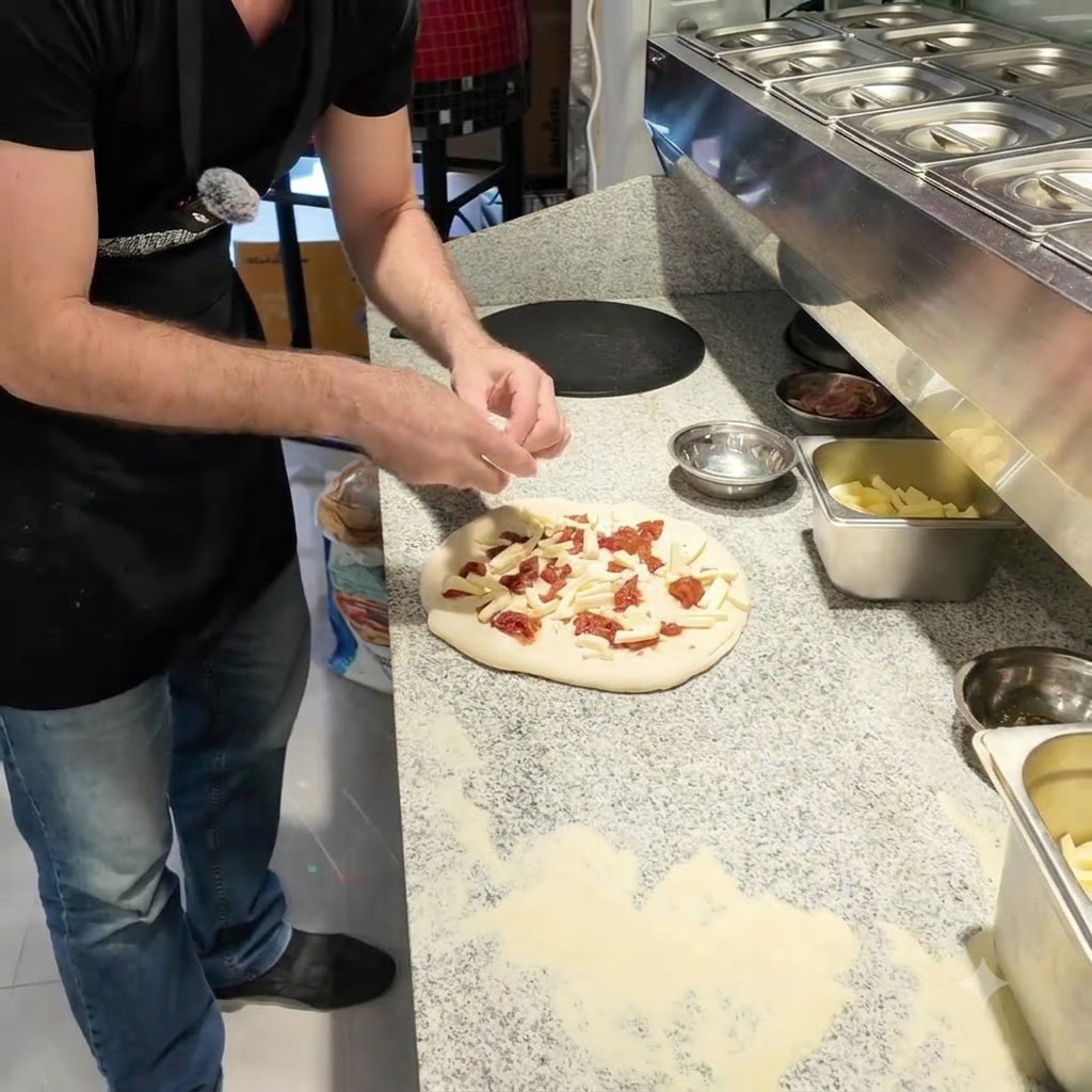 Frische Ziegenkäse-Stücke werden von Hand oben auf der Pizza angeordnet.