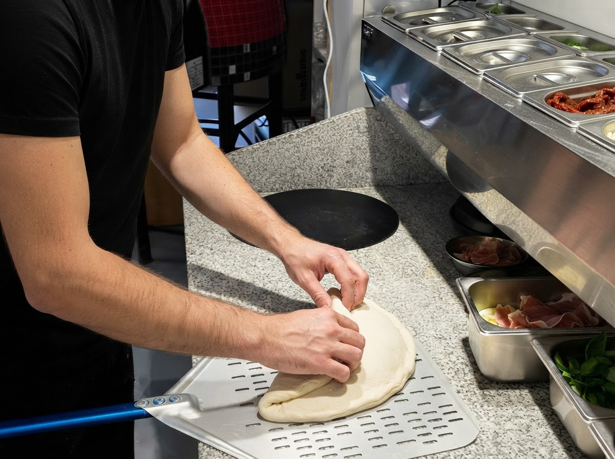 Eine Pizza auf einem Metallschieber wird bereitgemacht, um in einen Steinbackofen geschoben zu werden.