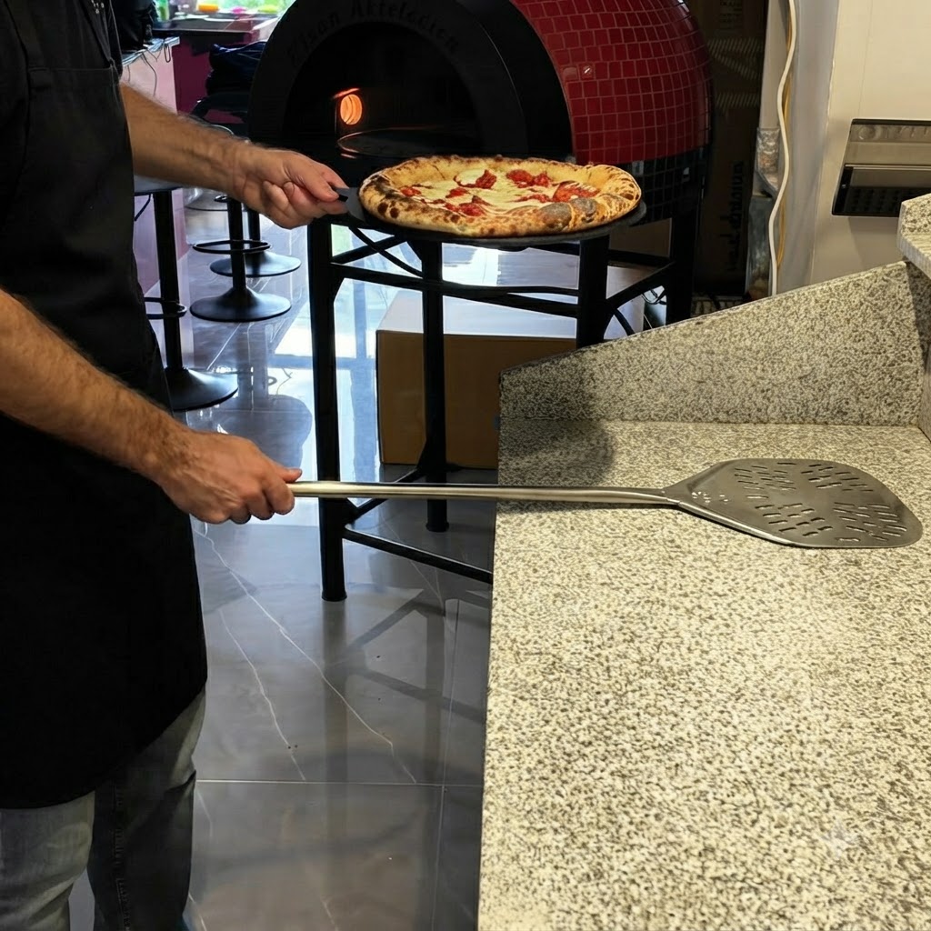 Eine frisch gebackene Pizza nahe einem Steinofen mit einem Metallschieber auf der Arbeitsplatte.