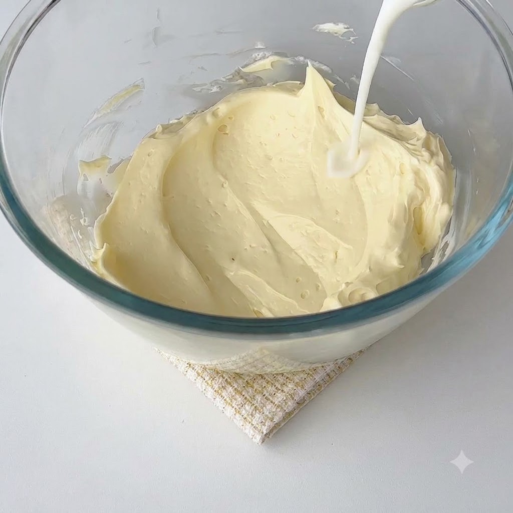 Milch- und Gelatinemischung wird in den glatten Frischkäse gegossen.