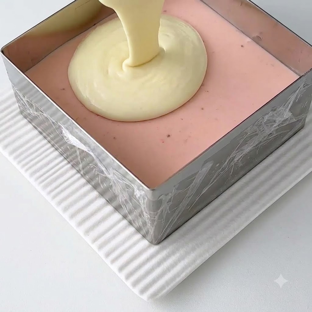 Weißer Käseteig wird über die feste rosa Mousseschicht in einer quadratischen Metallform gegossen.