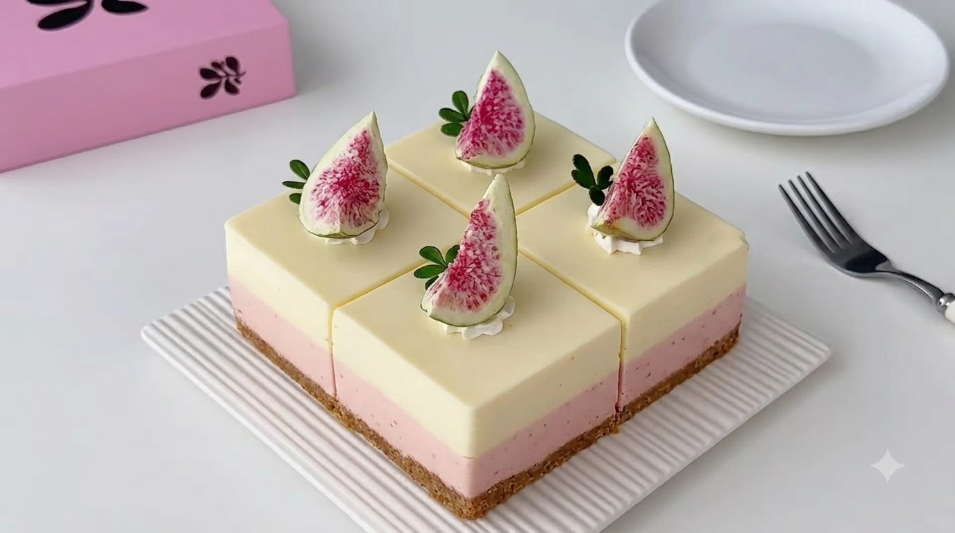 Quadratische Stücke von geschichtetem weißen und rosa Käsekuchen, garniert mit frischen Feigenscheiben auf einem crisp-weißen Teller.