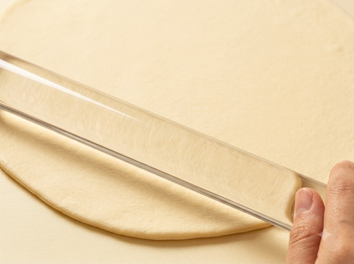 Ein transparentes Nudelholz flacht ein glattes, rundes Stück Pizzateig auf einer sauberen Oberfläche ab.
