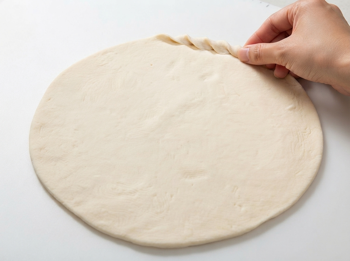 Eine Hand kneift und dreht den Rand eines flachen, runden Pizzateigs, um einen gemusterten Rand zu formen.