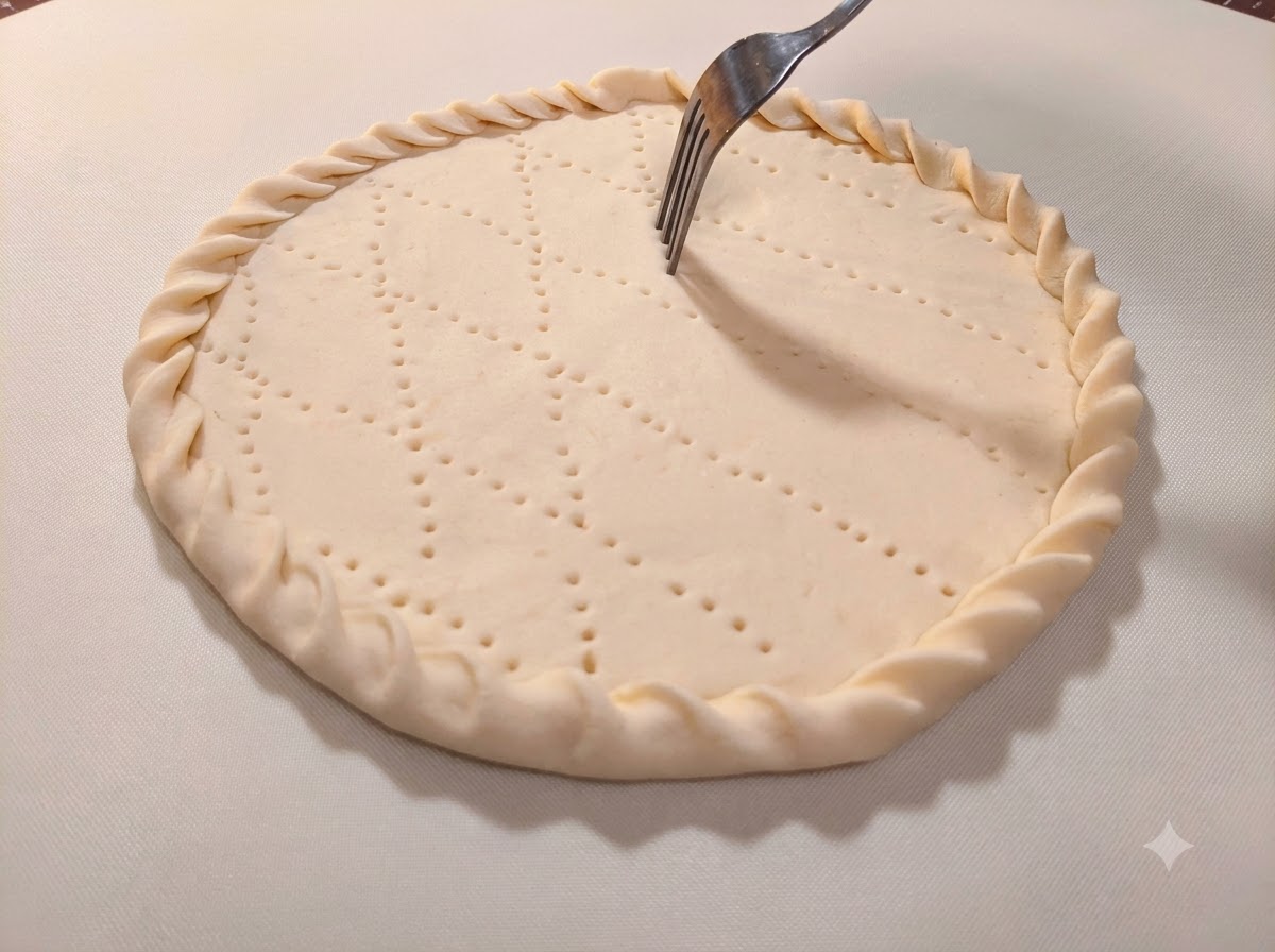 Eine Metallgabel sticht Reihen kleiner Löcher in die Mitte eines geformten Pizzateigbodens.