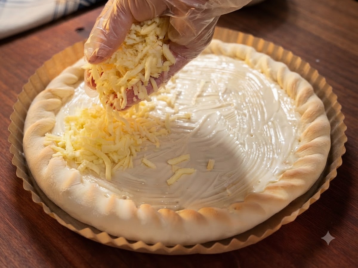 Eine bemalte Hand streut geriebenen Mozzarella-Käse über den mit Dressing bedeckten Pizzaboden.