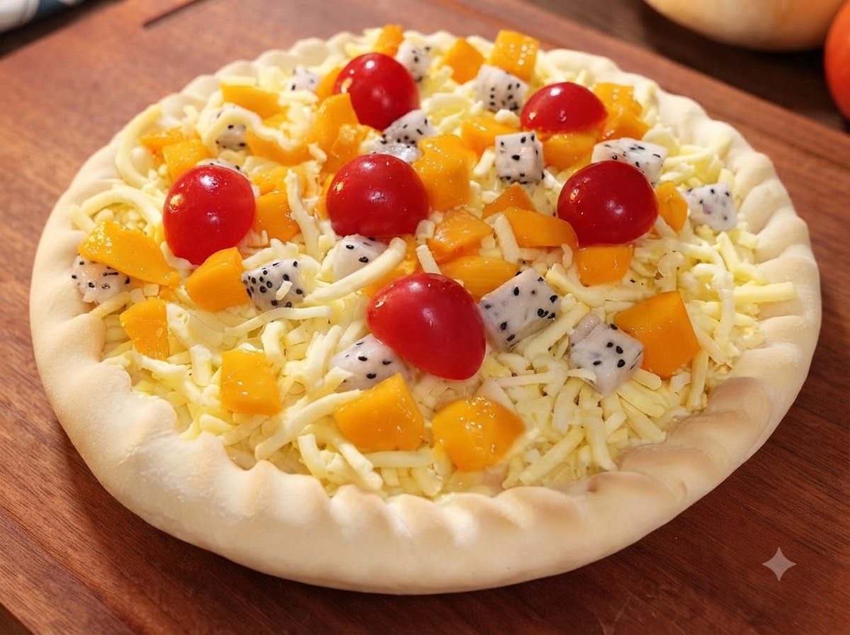 Eine Pizza mit einer dicken Schicht geriebenem Mozzarella-Käse über den Fruchtzutaten, bereit zum Backen.