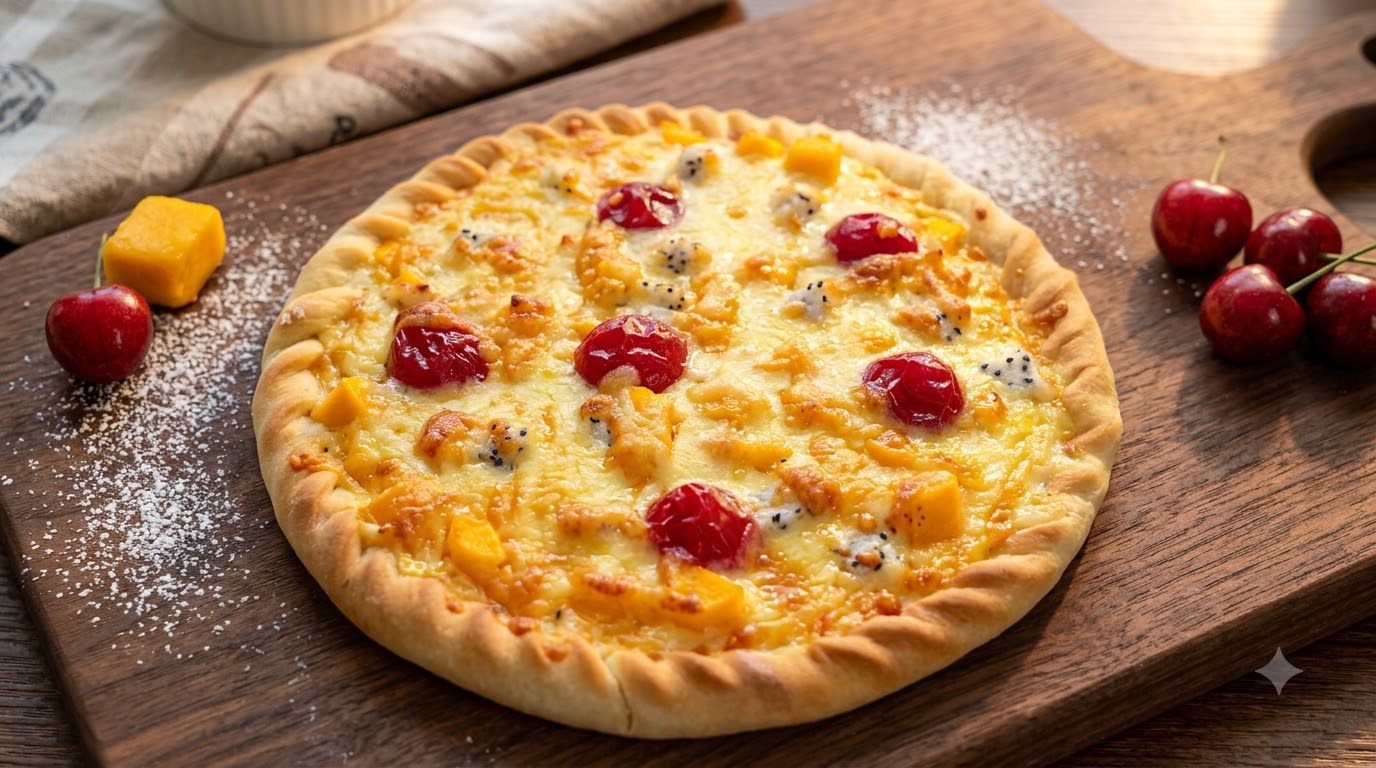 Hausgemachte Frucht-Pizza mit Mozzarella und frischem Obst