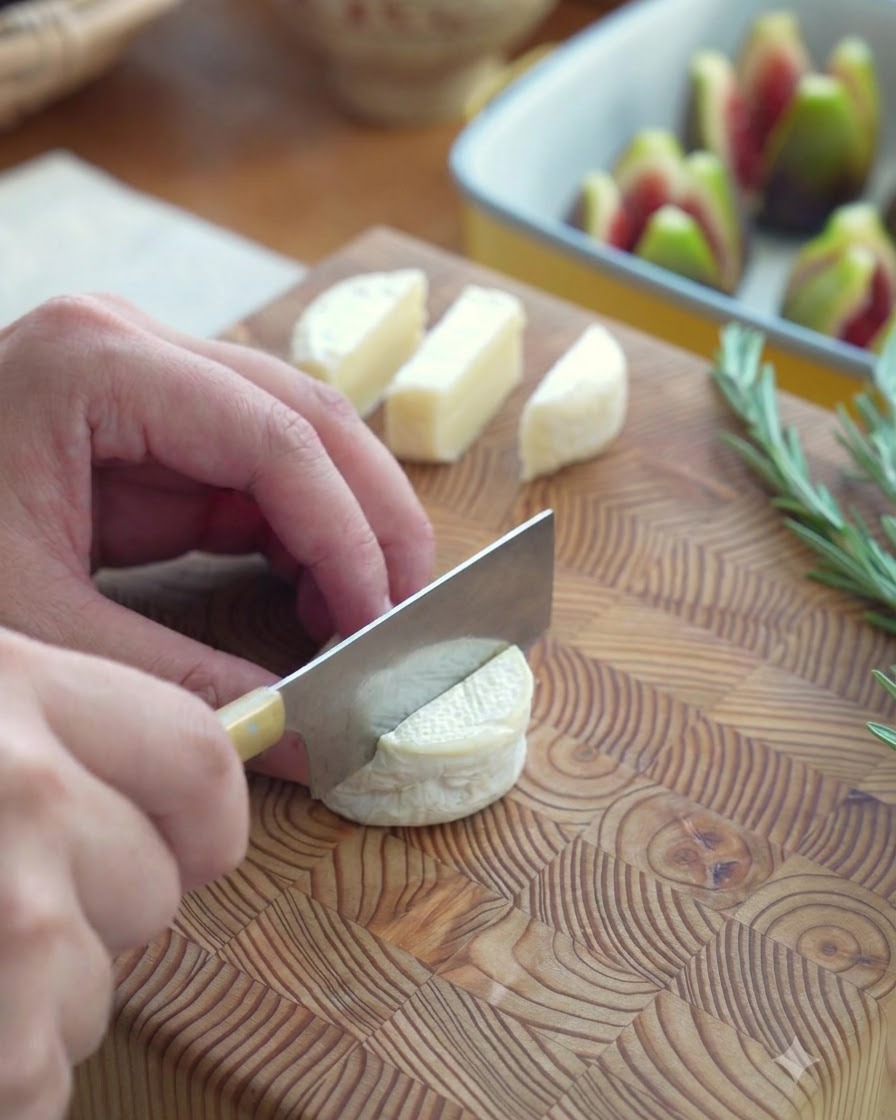 Ein Küchenmesser schneidet ein rundes Mini-Brie-Käselaib auf einem Holzbrett in Scheiben.