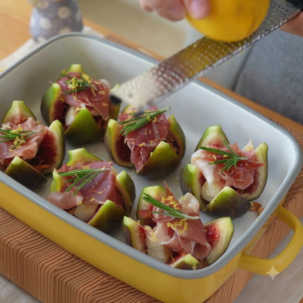 Goldener Honig wird über eine Auflaufform mit gefüllten Feigen und Prosciutto geträufelt.