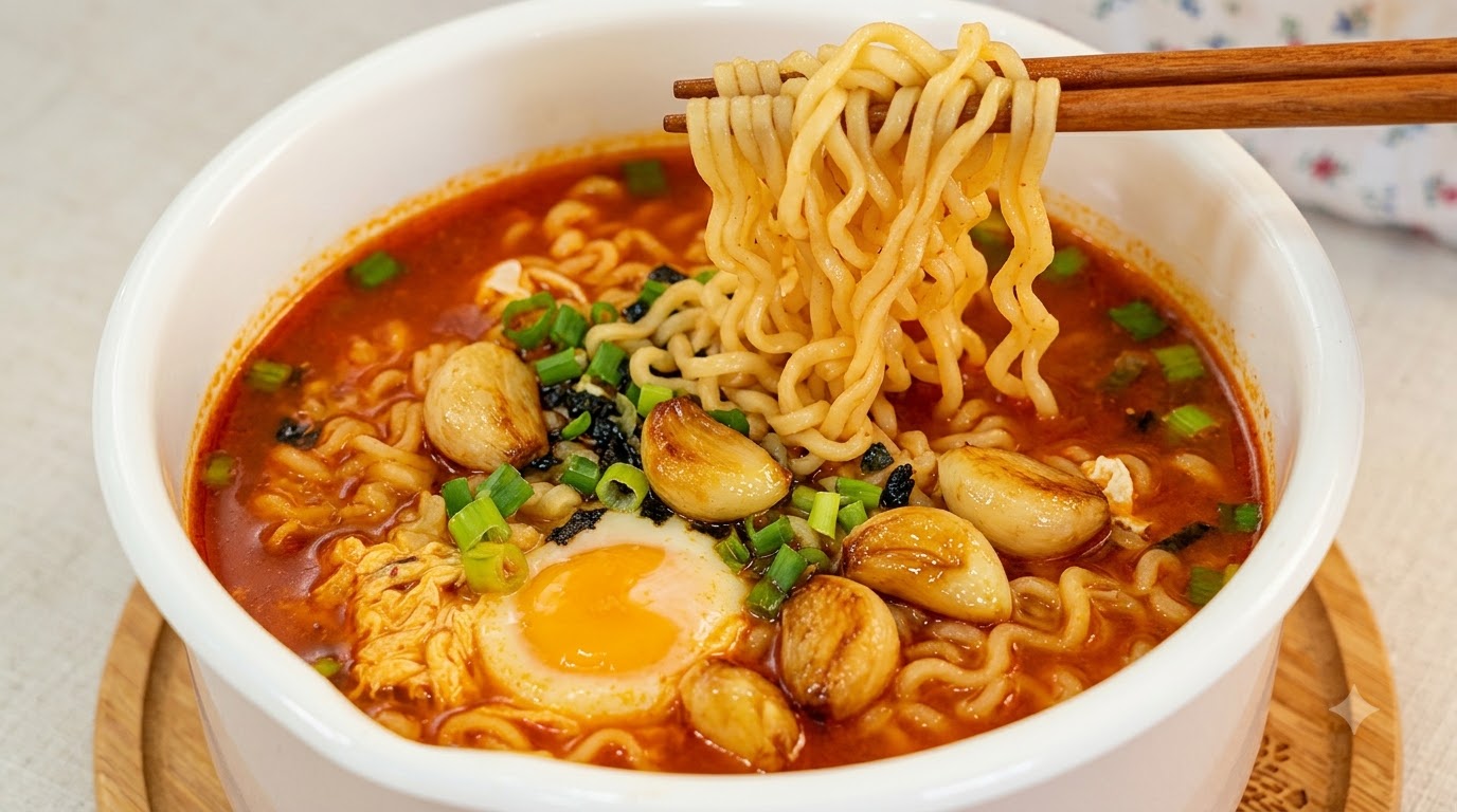 Eine Schüssel scharfer koreanischer Ramen, garniert mit weichem, geröstetem Knoblauch, Frühlingszwiebeln und einem perfekt gegarten Ei.