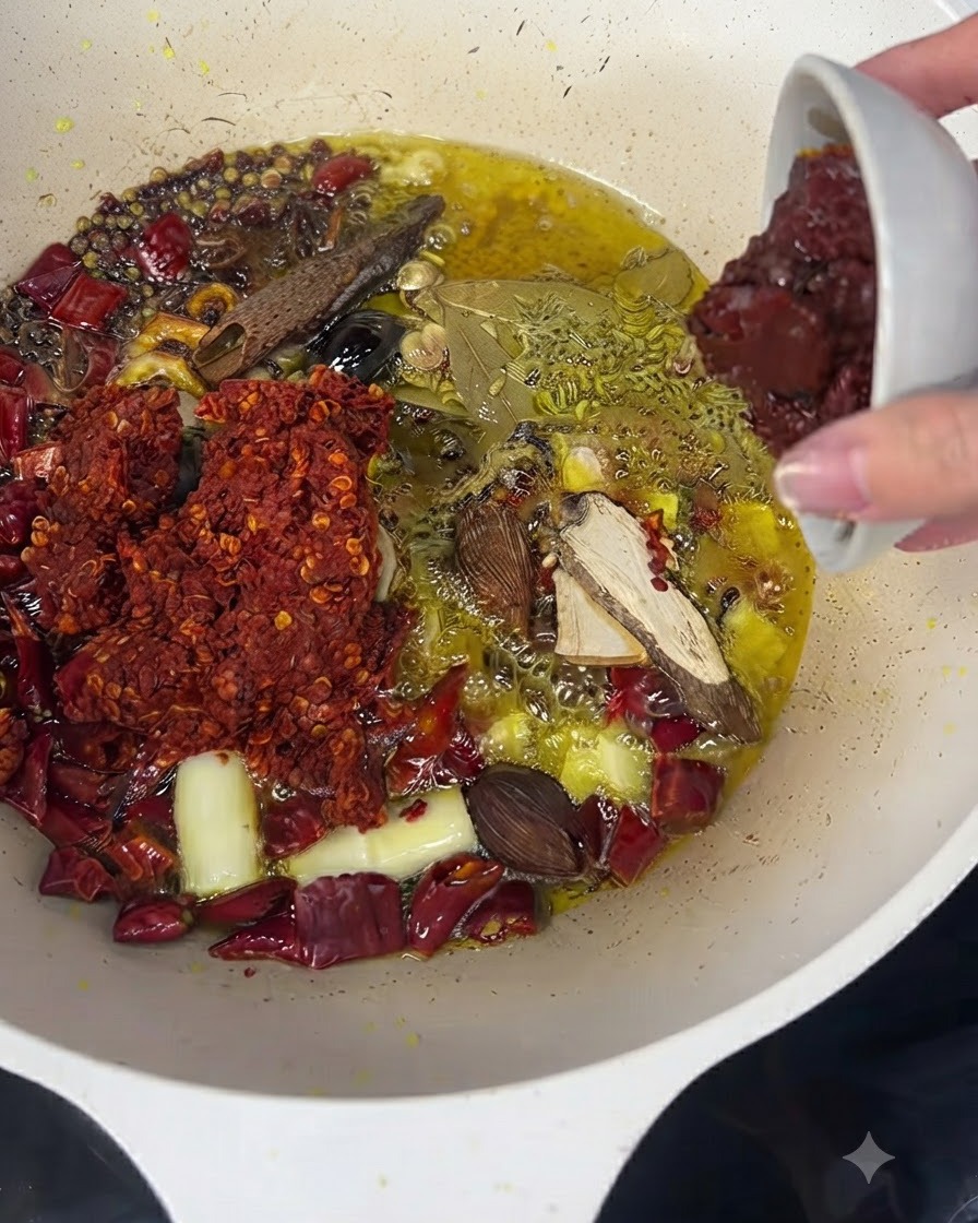 Dunkelrote Doubanjiang-Paste wird aus einer kleinen weißen Schüssel zu den bratenden Gewürzen gegeben.
