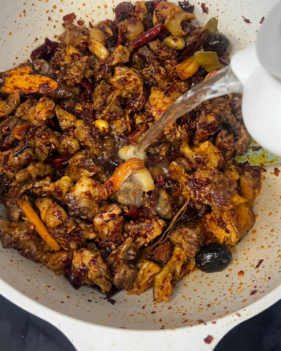 Ein Wasserkocher gießt heißes Wasser in einen Wok mit gewürztem Rindfleisch und Gewürzen.