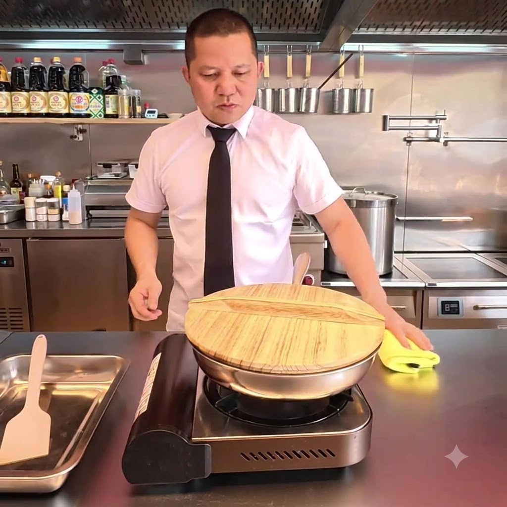 Ein Holzdeckel wird auf eine Pfanne mit gekochten Bambussprossen gelegt.