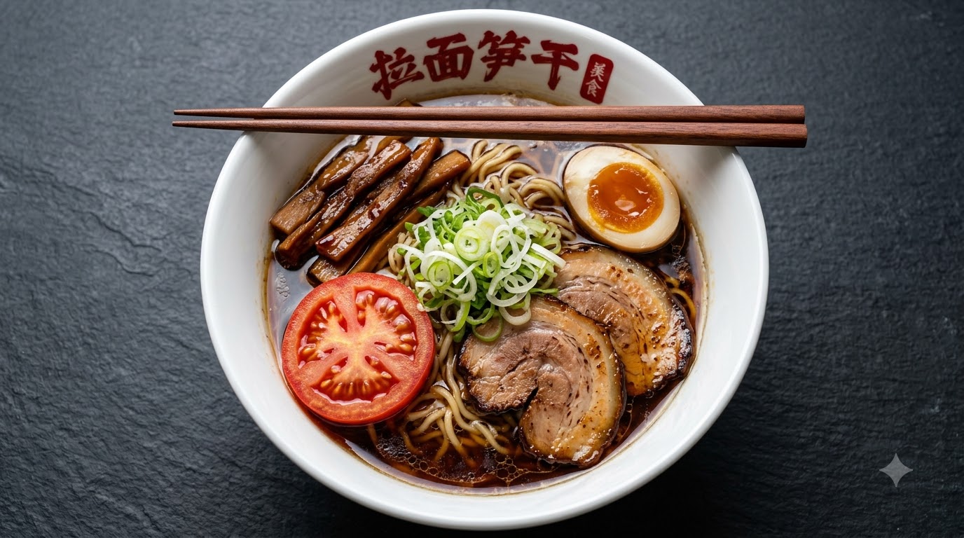 Eine Schüssel japanische Ramen mit gewürzten Menma-Bambussprossen, geschnittenem Chashu-Schweinefleisch, einem halbierten weichgekochten Ei und grünen Frühlingszwiebeln in einer kräftigen dunklen Brühe.