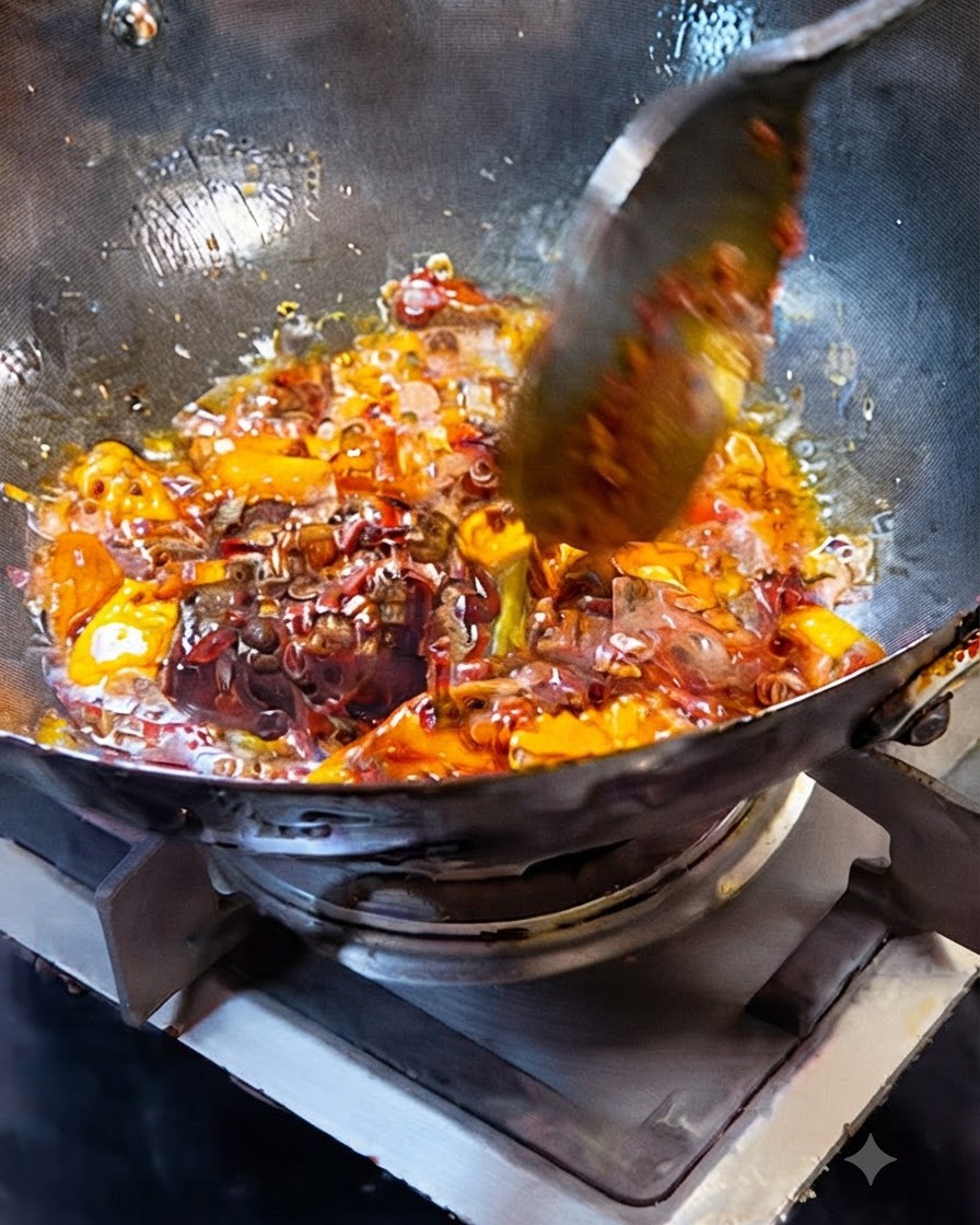 Scharfe Bohnenpaste, Hot-Pot-Gewürz und Gewürze brutzeln in Öl in einem Wok.