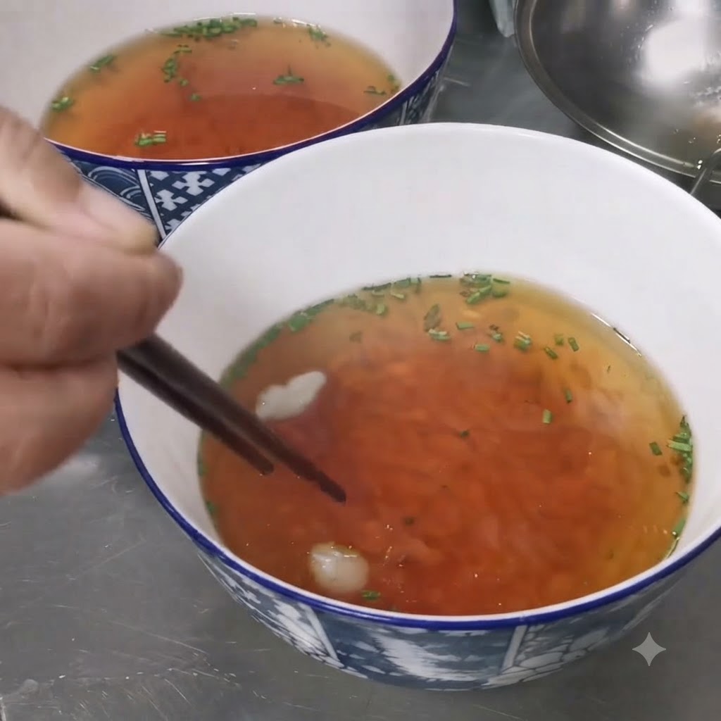 Ein Paar Stäbchen legen ein Stück weißes Schmalz in eine Schüssel mit gewürztem heißem Wasser.