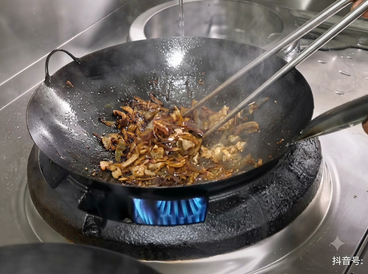 Wasser wird über einer Flamme in einen schwarzen Wok mit angebratenem Fleisch und Bambussprossenstücken gegossen.