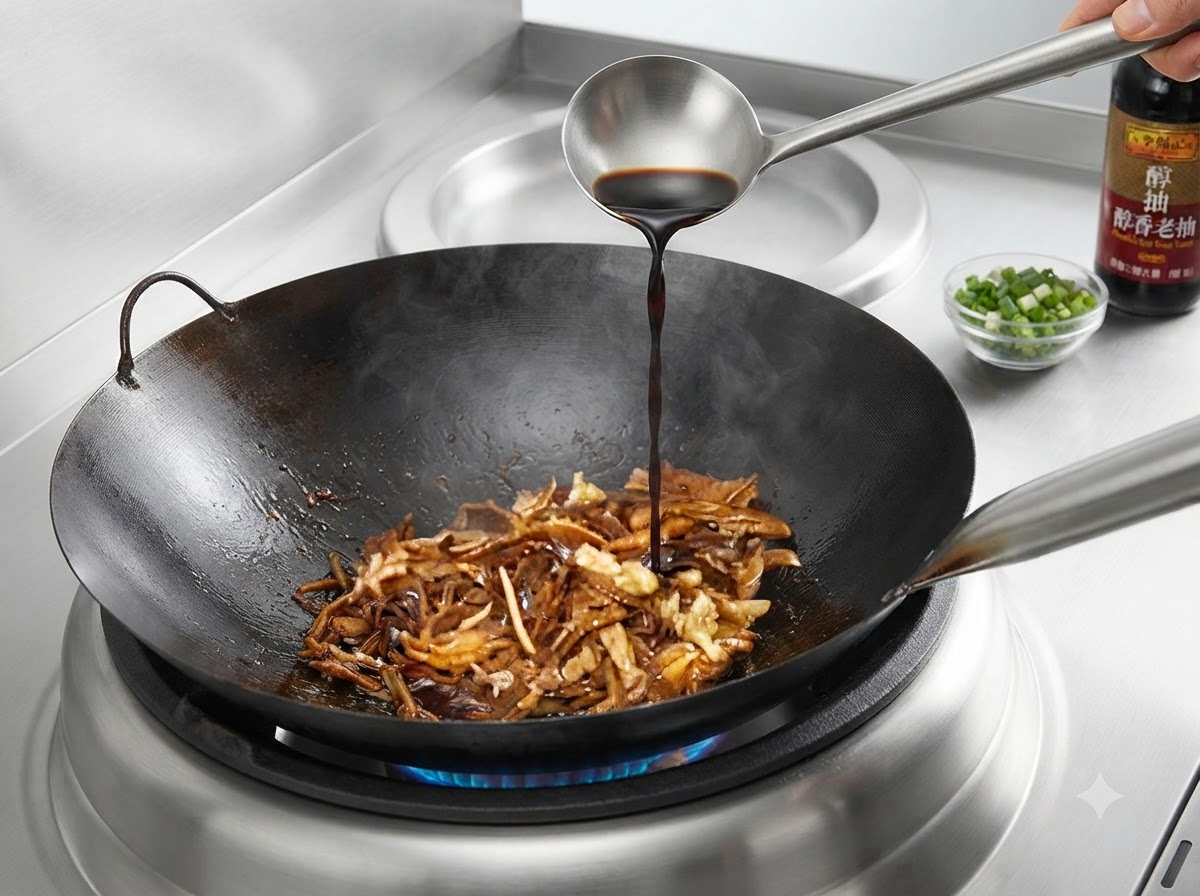 Dunkle Sojasoße wird aus einer Metallkelle in einen Wok mit schmorendem Fleisch und Bambussprossen gegossen.