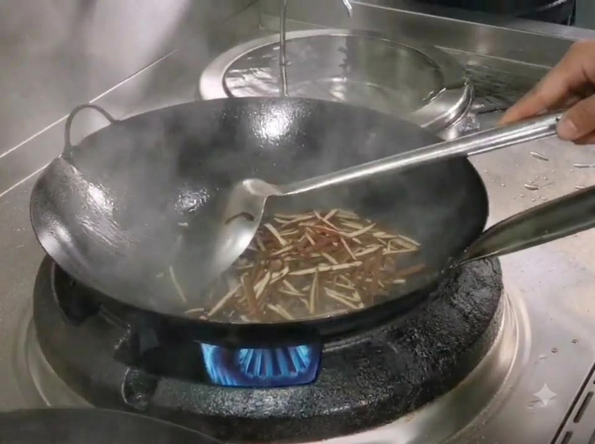Streifen getrockneter Bambussprossen werden in einem schwarzen Wok mit einem Metallspatel angebraten.