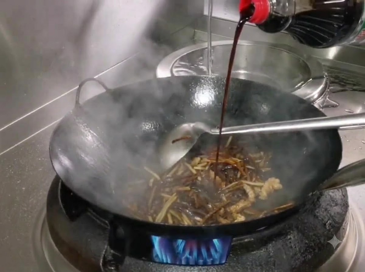 Helle Sojasoße wird aus einer Flasche in einen dampfenden Wok mit Bambussprossen und Fleisch gegossen.