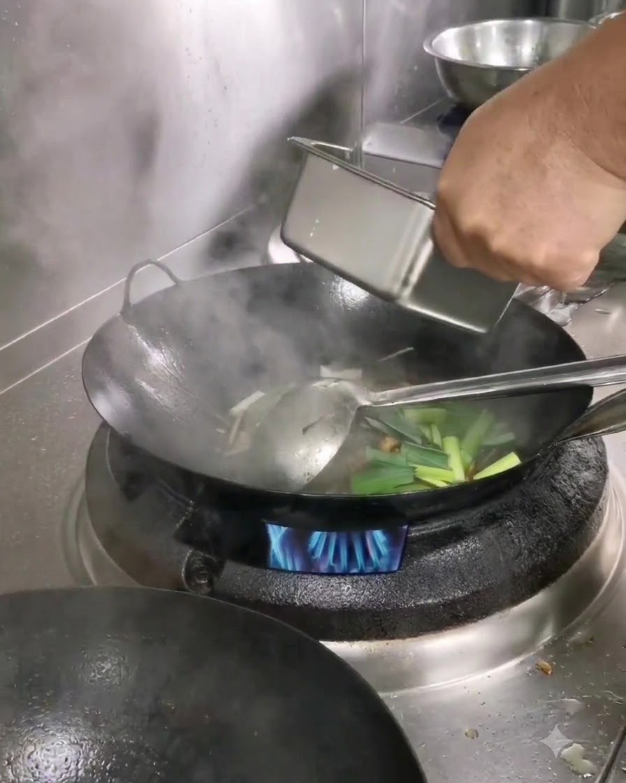 Wassermehl-Mischung wird aus einem kleinen Behälter in den Wok gegossen, um die Soße zu binden.