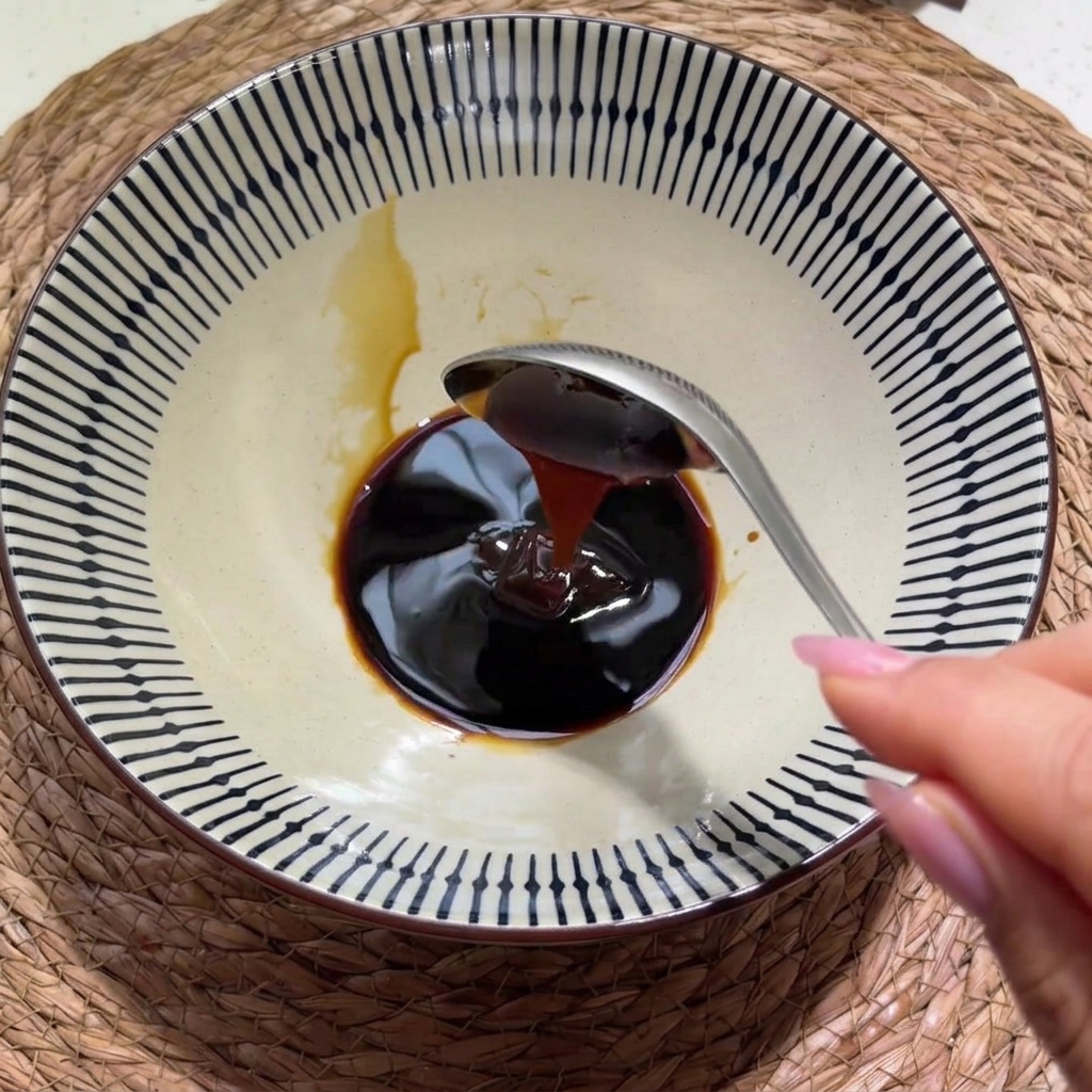 Ein kleiner Löffel mit weißem Pfeffer und Hühnerbrühepulver wird zur dunklen Sauce in der Schüssel gegeben.