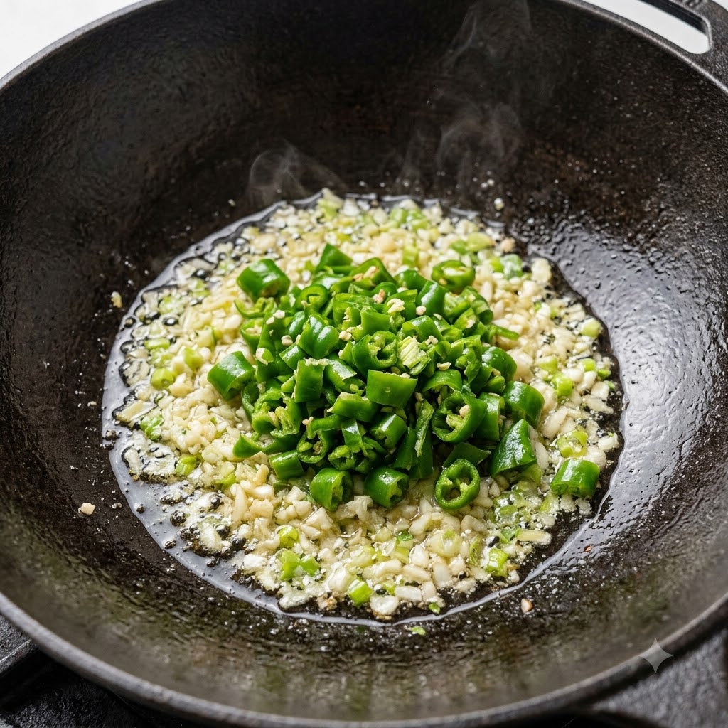 Fein gehackte grüne Chilischoten, Knoblauch und Lauchzwiebeln brutzeln in heißem Öl in einem schwarzen Gusseisen-Wok.
