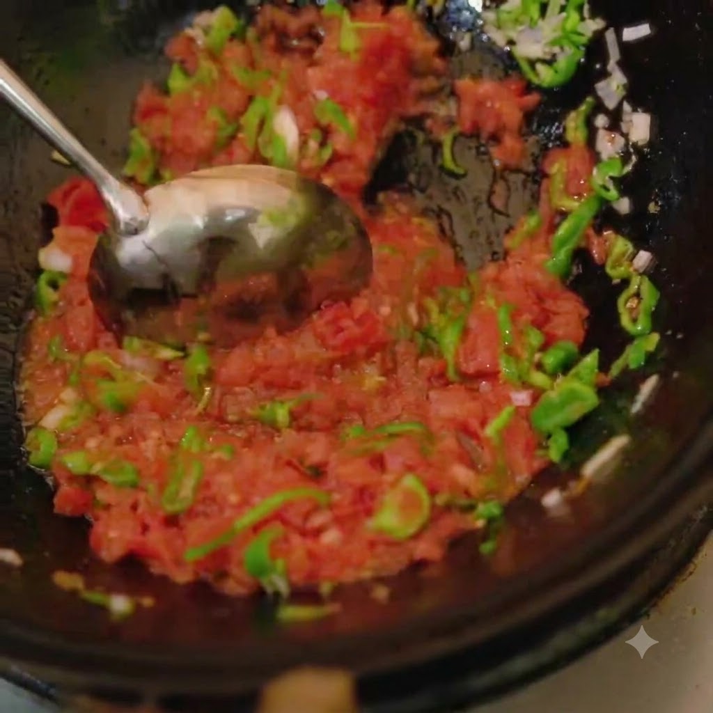 Ein Metalllöffel rührt hellrote gewürfelte Tomaten in die gebratene Chili-Knoblauch-Mischung in einem Wok ein.