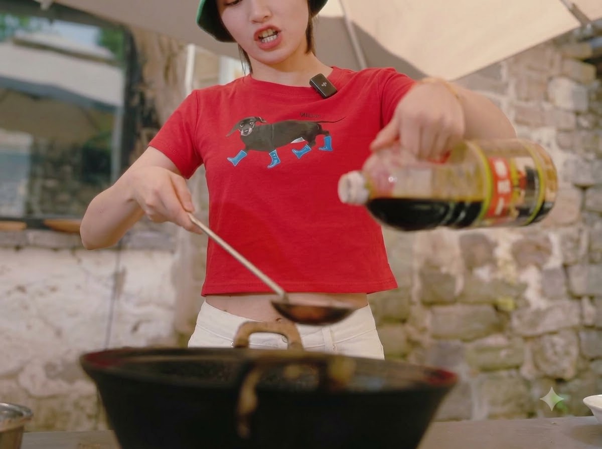 Eine Person gießt helle Sojasauce aus einer Flasche in einen köchelnden Wok mit Tomatensauce.