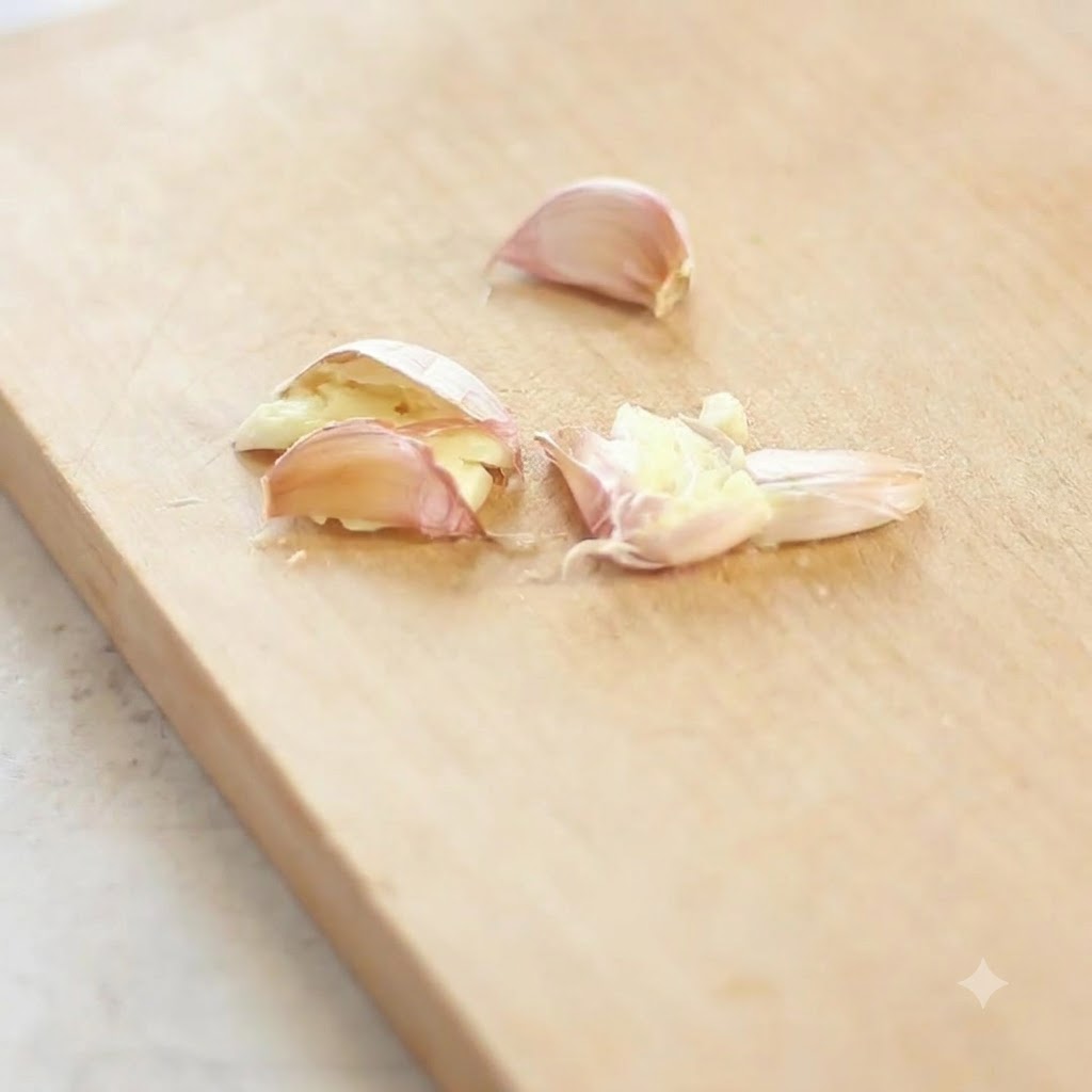Frische Knoblauchzehen auf einem Holzbrett, teilweise zerdrückt und bereit zum Hacken.