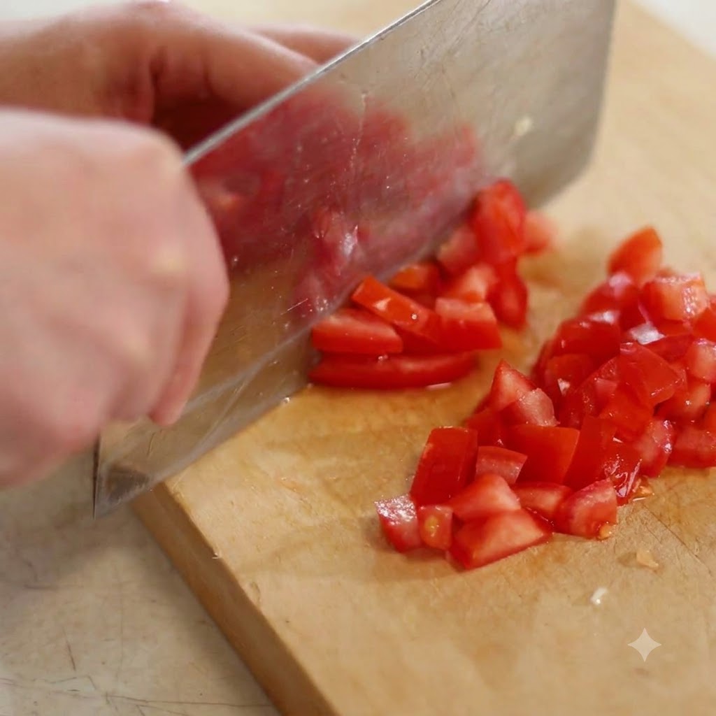 Eine rote Tomate wird mit einem großen Küchenmesser auf einem Holzbrett in kleine Stücke geschnitten und gewürfelt.