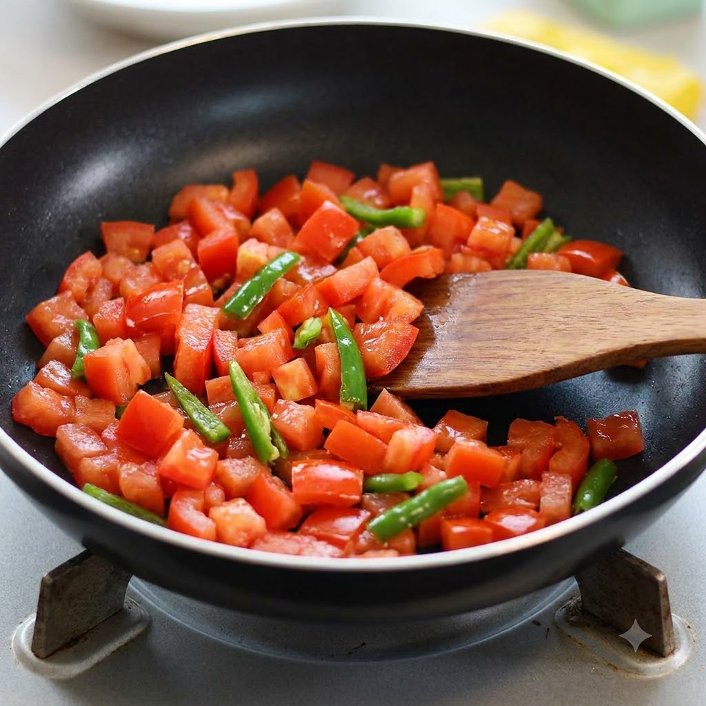 Tomaten und grüne Chilis werden in einer schwarzen Pfanne mit einem Holzspatel angebraten.