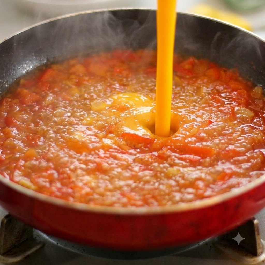 Wasser wird von oben in eine köchelnde rote Pfanne mit gekochten Tomaten gegossen.