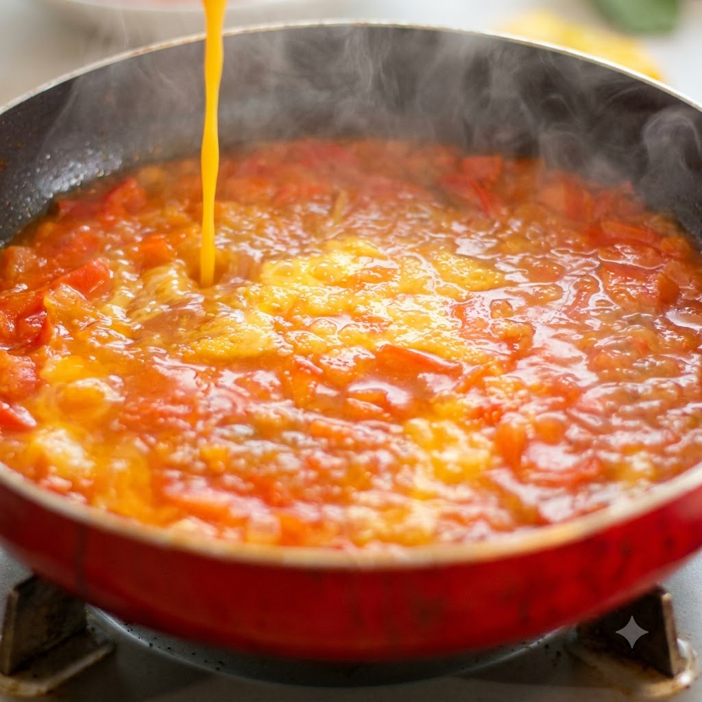 Verquirlte Eierflüssigkeit wird in die köchelnde Tomatensuppenbasis gegossen.