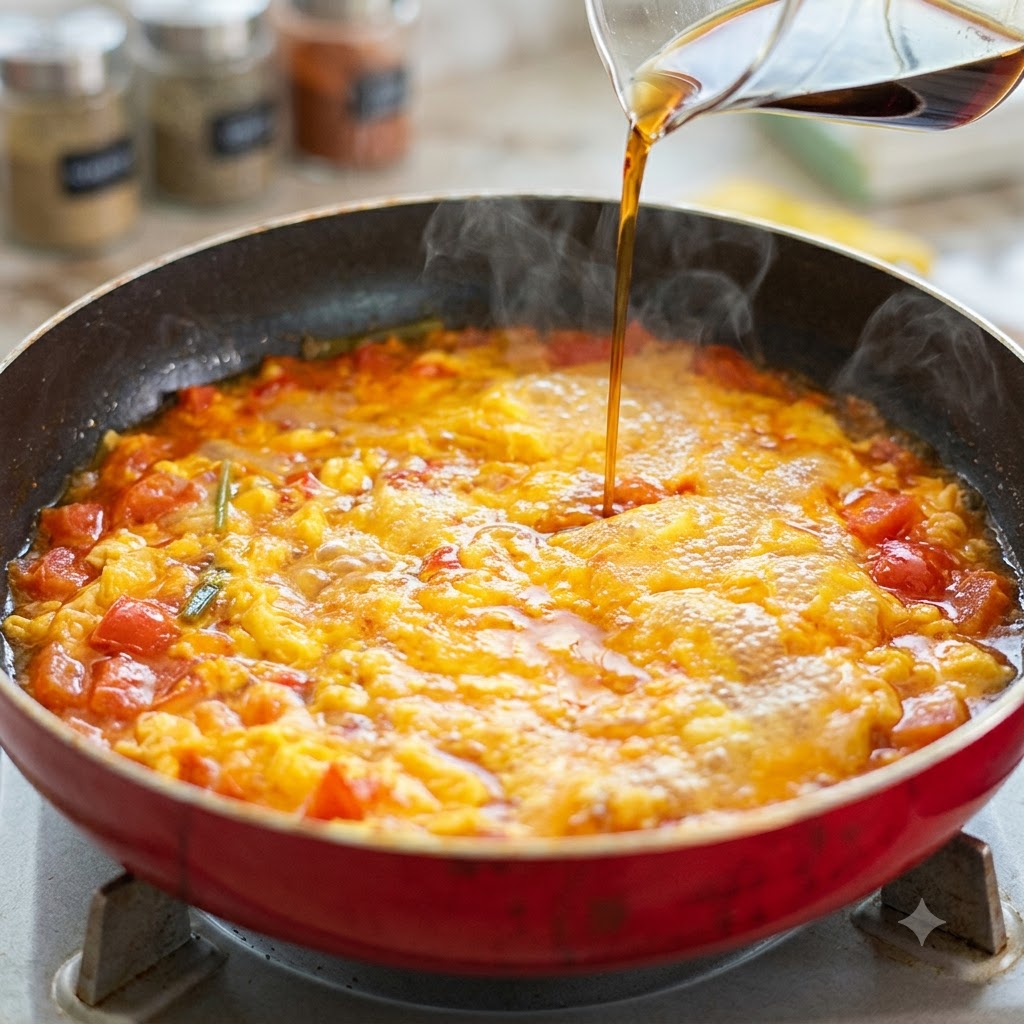 Helle Sojasauce wird aus einem Glasmessbecher in die köchelnde Tomaten-Ei-Pfanne gegossen.