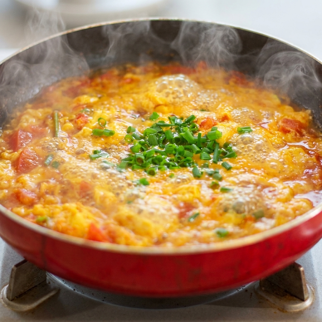 Frische, gehackte Frühlingszwiebeln werden über die köchelnde Suppenmischung in der Pfanne gestreut.
