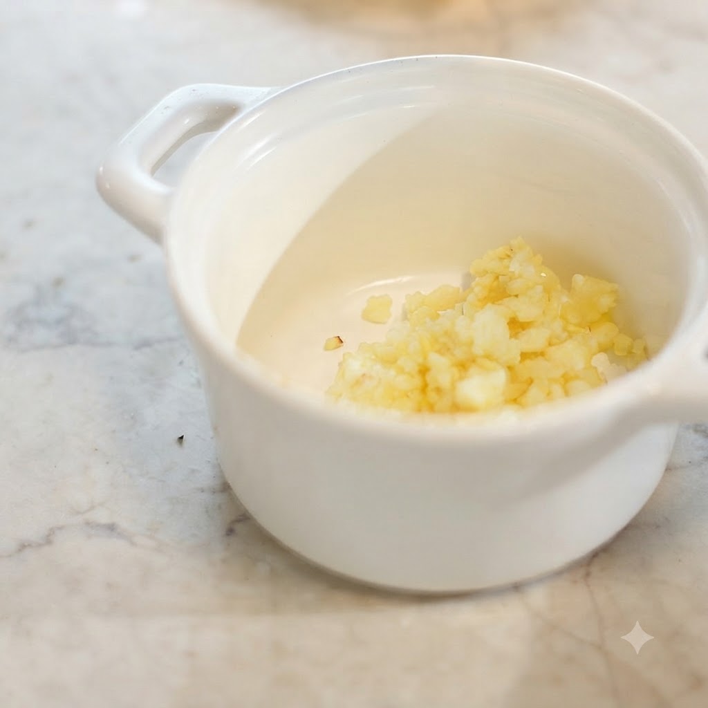 Minierter Knoblauch ruht in einer kleinen weißen Keramikschüssel auf einer Marmorarbeitsplatte.